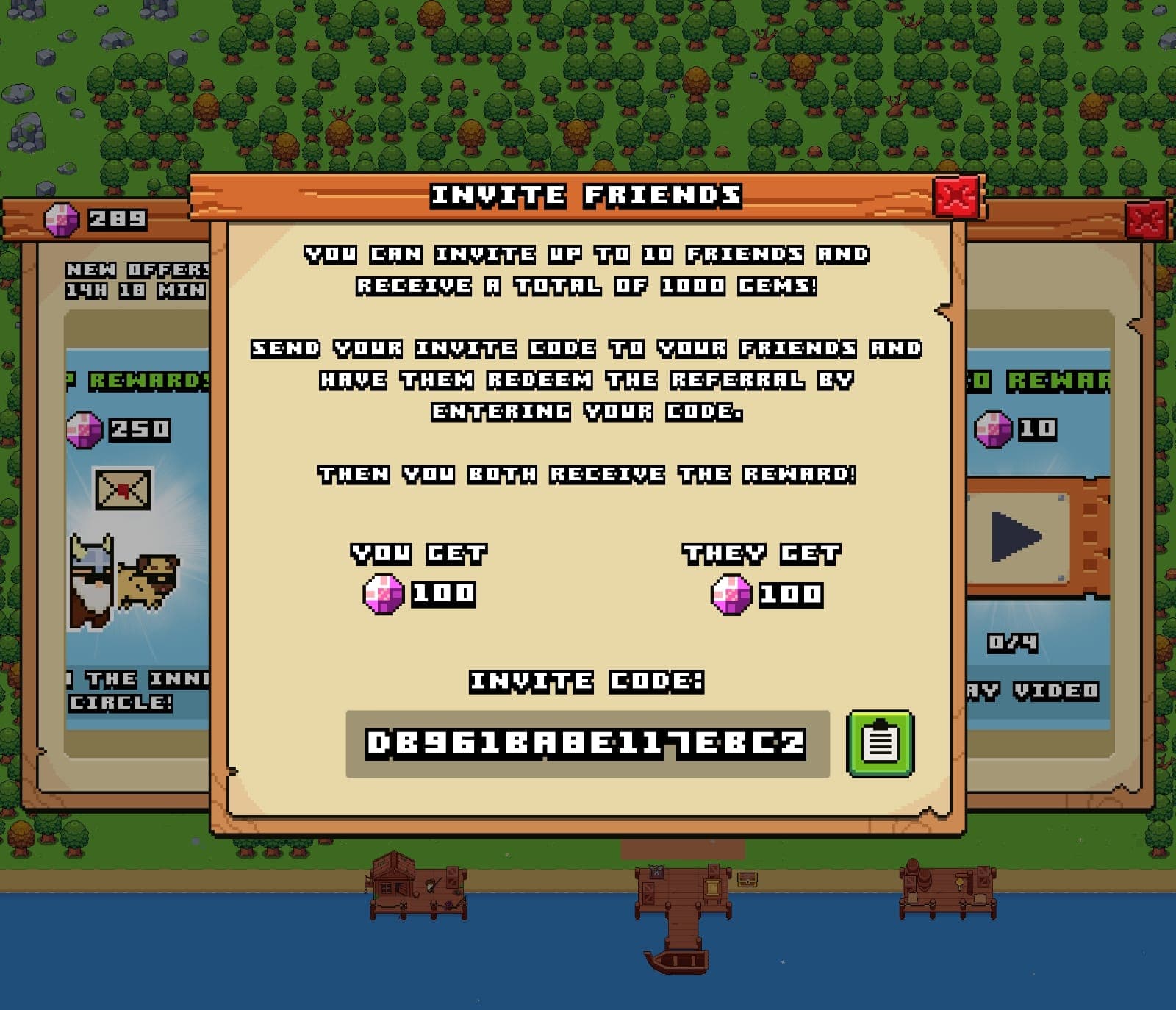 Pantalla de invitación de Pixel Tribe mostrando tu código único