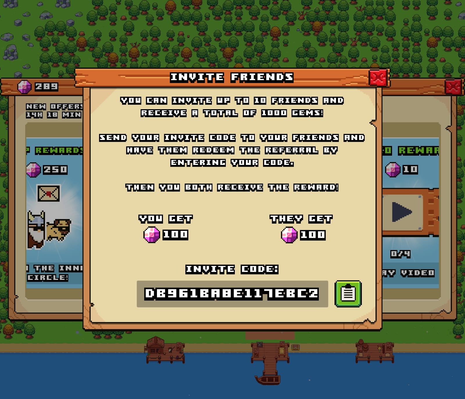 'Invite Friend' popup showing your unique invite code